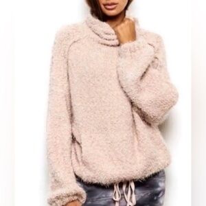 Young Fabulous and Broke Fuzzy pink sweater kangaroo pouch tie waist sz m/l